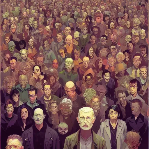 Image similar to poster artwork by Michael Whelan and Tomer Hanuka, Karol Bak of collective satori in a huge crowd, visual representation of collective consciousness, from scene from Twin Peaks, clean, simple illustration, nostalgic, domestic, full of details