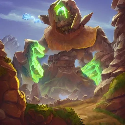 Image similar to ((((rock elemental golem character)))), dust and rock background, hearthstone art style, epic fantasy card game art