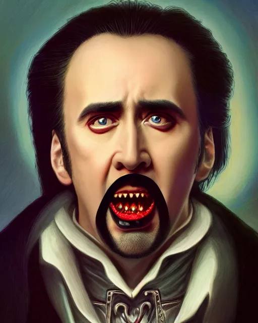 Image similar to nicolas cage as dracula vampire, highly detailed, centered, artstation, concept art, smooth, sharp focus, illustration, bokeh art by artgerm and donato giancola and joseph christian leyendecker