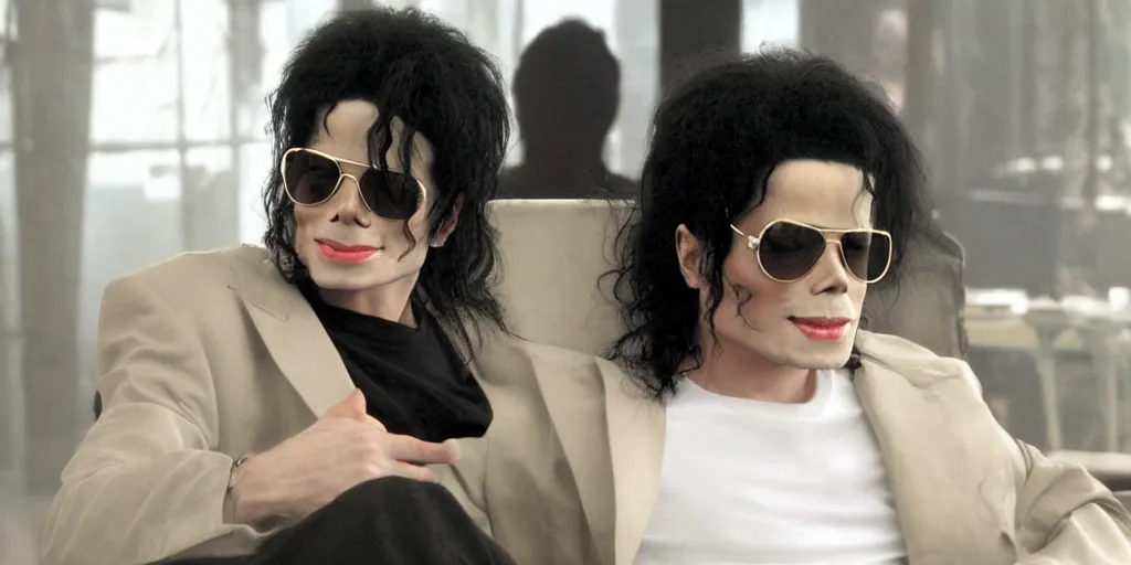 Image similar to michael jackson 2 0 0 9 wearing shades, alone, this is it style, photo real, skin, motion blur, sitting in a chair, by himself, real life, spotted, leaked, ultra realistic face, accurate, 4 k, movie still, uhd, sharp, detailed, cinematic, render, modern