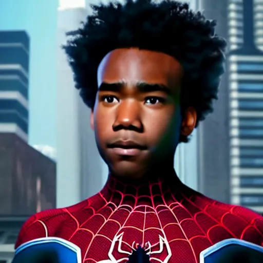 Prompt: ((young)) Donald Glover as Spider-Man, miles morales, still from Spider-Man movie, detailed, 4k