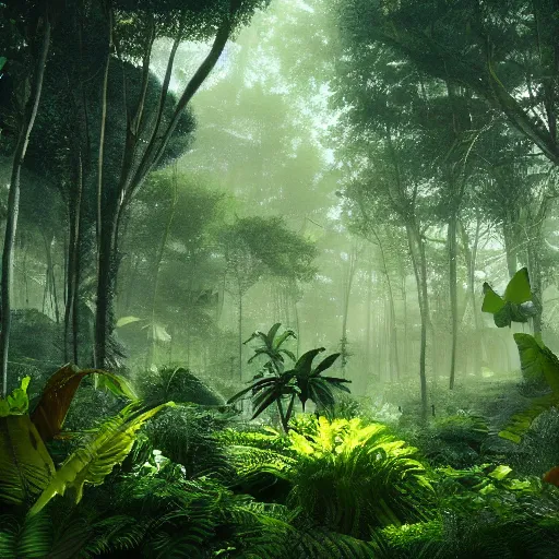 Image similar to a lush alien forest, yellow and green sky, birds in flight, humid alien jungle, atmospheric, exotic, unreal engine, trending on artstation