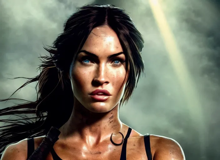 Image similar to film still of!!!! megan fox!!! as lara croft in new tomb raider movie, closeup portrait, exploring inside of aztec temple, dramatic lighting, octane, mist, volumetric lighting, 8 k