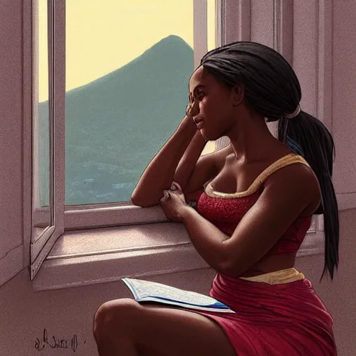 Prompt: portrait of a black brazilian girl studying by the window with Rio de Janeiro view, highly detailed, digital painting, artstation, concept art, smooth, sharp focus, illustration, art by artgerm and greg rutkowski and alphonse mucha