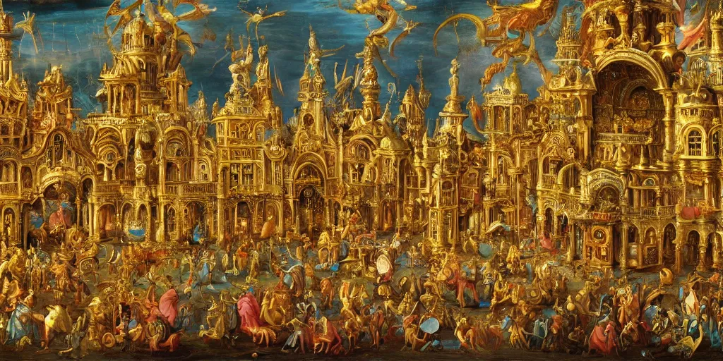 Prompt: beautiful ornate heavenly gold rococo megastructure in the style of heironymus bosch, colorful light intricate masterpiece, hyper detailed, hd