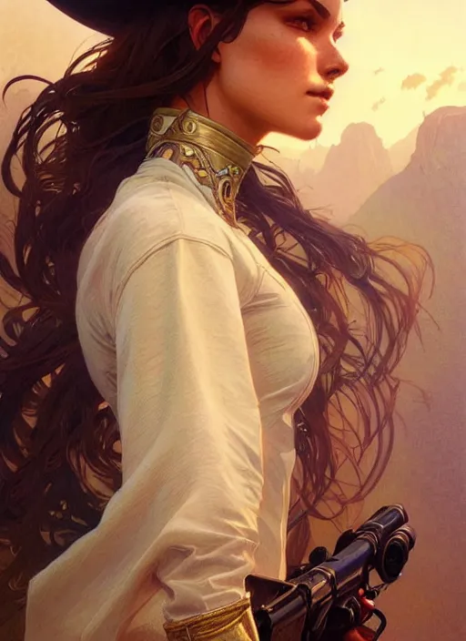 Image similar to cowboy dream, sci - fi, stunning, intricate, elegant. highly detailed, digital painting. artstation. smooth. sharp focus. illustration. art by artgerm and greg rutkowski and alphonse mucha