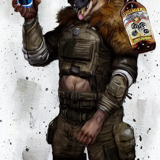 Image similar to a humanoid german shepherd beast - man in military style, holding a bottle of beer, artstation, concept art, smooth, sharp foccus ilustration, artstation