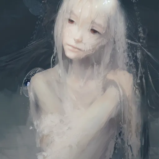 Prompt: Portrait of an anime girl wearing a wet white lace nightgown, intricate, highly detailed, smooth, close-up, artstation, digital illustration by Ruan Jia