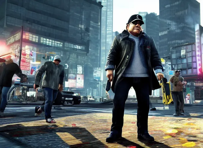 Image similar to video game still of danny devito in the video watch dogs,