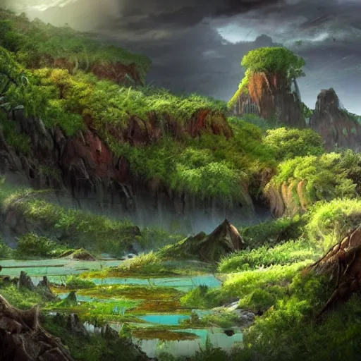 Image similar to epic concept art of a lush natural scene on an alien planet. very detailed. beautiful landscape. weird vegetation. cliffs and water. featured on deviantart.