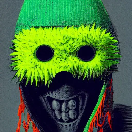 Image similar to a tennis ball monster wearing a balaclava, ski mask, angel wings, digital art, fantasy, magic, trending on artstation, ultra detailed, professional illustration by Basil Gogos