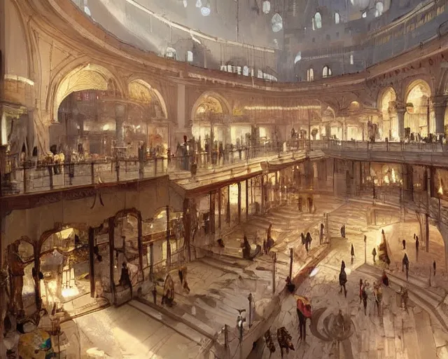 Image similar to a mall in the style of medieval roman constantinople, art by greg rutkowski and artgerma, stunning concept art, interior design architecture