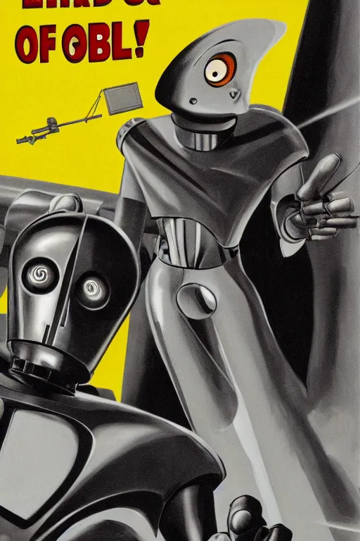 Prompt: the day the earth stood still 1 9 5 1 silver gort robot holding a black rifle gun, art work, uhd, sharp, detailed, cinematic 4 k