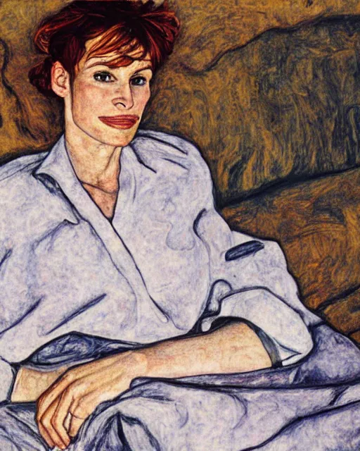 Prompt: portrait of julia roberts on the sofa reading a book, in the style of Egon Schiele
