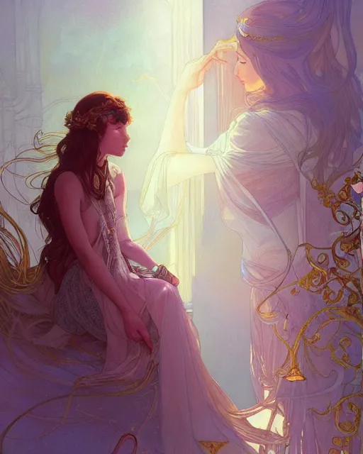 Image similar to secret romance, highly detailed, gold filigree, romantic storybook fantasy, soft cinematic lighting, award, disney concept art watercolor illustration by mandy jurgens and alphonse mucha and alena aenami, pastel color palette, featured on artstation