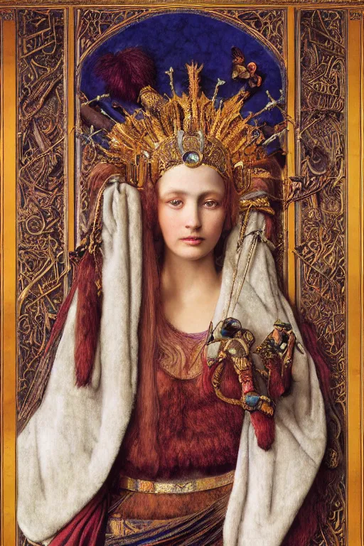 Prompt: coronation portrait of the queen of the dawn mountains, by Donato Giancola and John Bauer and John William Godward and Vermeer, embroidered velvet, iridescent beetles, rich color, ornate headdress, flowing robes, lost runes, ancient civilizations, dramatic cinematic lighting, featured on Artstation, cgisociety, unreal engine, extremely detailed