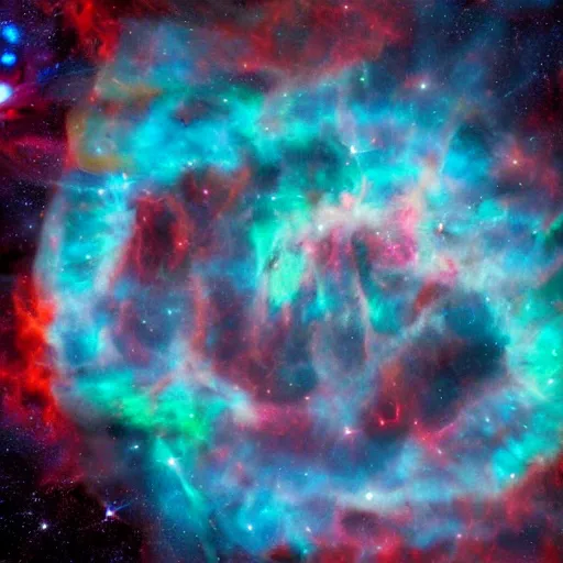 Image similar to a vivid space nebula, flowting in international space, forming starts, supernova explosions