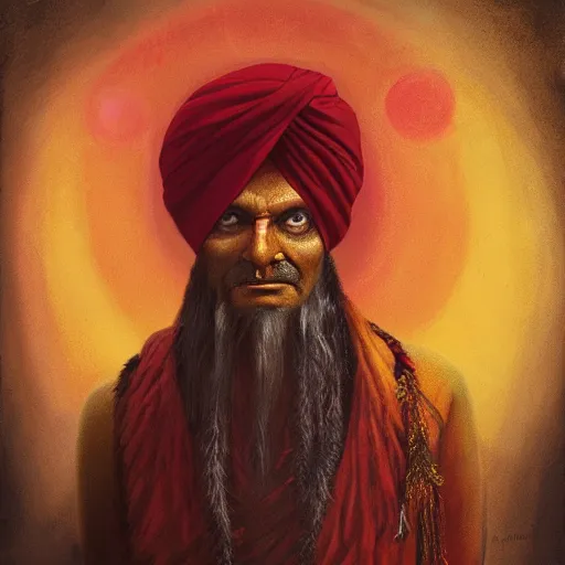 Prompt: old indian guru, turban, creepy, red and gold, meditation, by Anato Finnstark, Tom Bagshaw, Brom