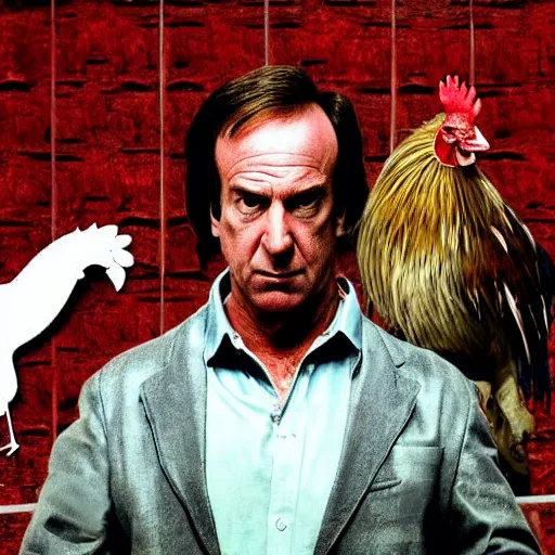 Image similar to saul goodman and a rooster in a saw movie torture chamber, horror movie background, saul goodman, rooster, photo