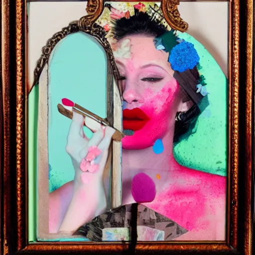 Prompt: mixed media collage with canvas texture, woman applying lipstick in a mirror. pastel colours, pressed flowers. surreal