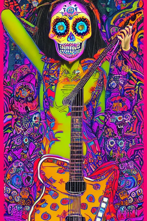 Image similar to realistic detailed psychedelic poster art of a cute Día de los Muertos girl playing electric guitar by Victor Moscoso Rick Griffin Art Noveau, masterpiece