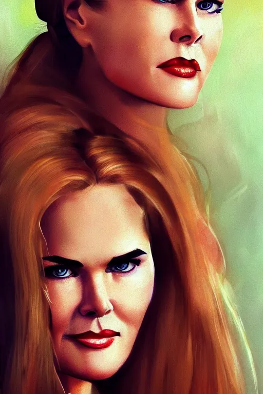 Image similar to mix of beautiful young maria shriver, mariel hemmingway, brooke shields, nicole kidman and elle macpherson as a boa constrictor, thin lips, hair tied up in a pony tail, dark blonde hair, colorful, artstation, cgsociety