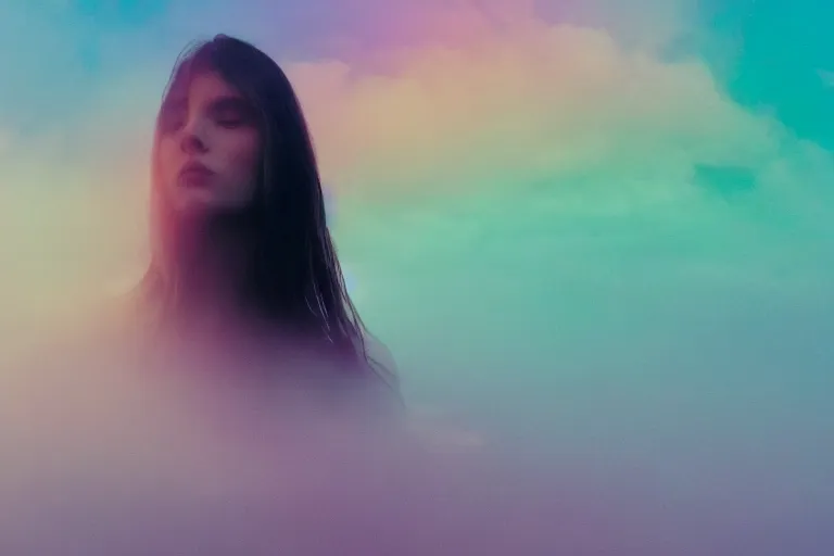 Image similar to high quality pastel coloured film photograph of a model wearing black clothing resting on clouds in a haze filled dreamstate world. three point light, rainbow. photographic production. art directed. pastel colours. volumetric clouds. pastel gradient overlay. waves glitch artefacts. 8 k. filmic.