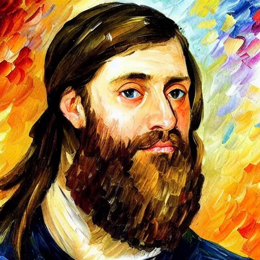 Image similar to portrait of a medieval nobleman with a long face, long brown hair and a closely - trimmed beard which is beginning to go grey. by leonid afremov