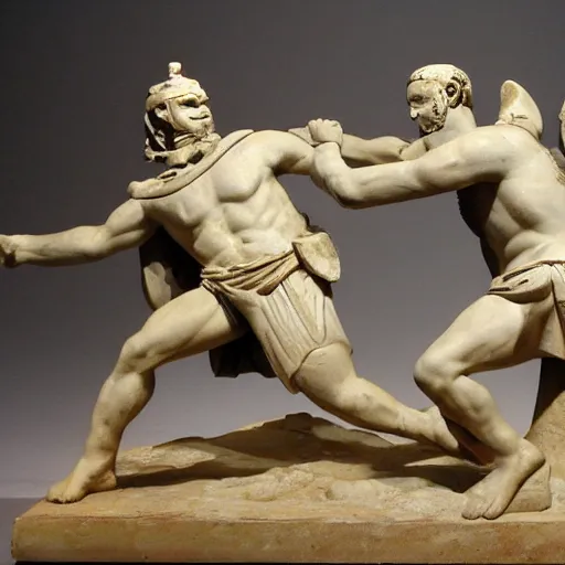 Image similar to greek warriors fighting against ducks, ancient greek statue, epic, detailled