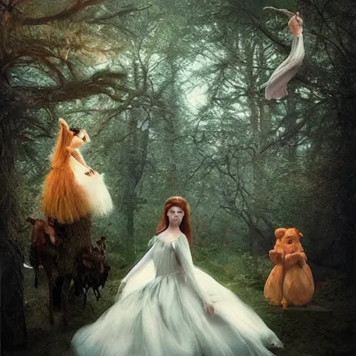 Image similar to by laura makabresku, by jason pearson, by mat collishaw defined claymation. a beautiful performance art of princess aurora singing in the woods while surrounded by animals. she looks so peaceful & content in the company of the animals, & the colors are simply gorgeous.