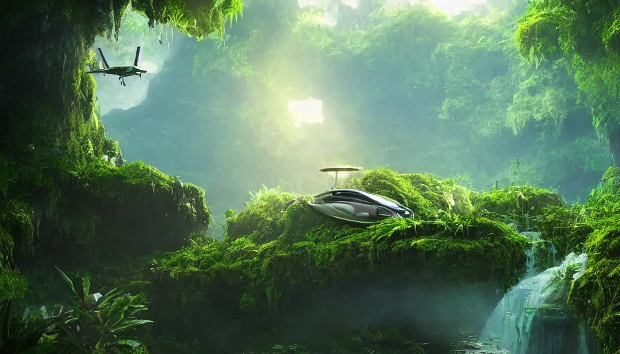 Image similar to a distant scifi flying car floating in a prehistoric jungle cave, lush flora, waterfall, sunset, hazy, volumetric lighting, rtx on, photorealistic render, great composition, very detailed