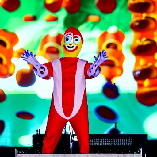 Prompt: Professional photograph of Flume wearing a hotdog costume on stage at EDC