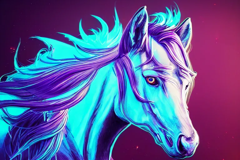 Prompt: a stunning horse with bioluminescent mane and tail by sandra chevrier and greg rutkowski, neon hooves, purple blue color scheme, vaporware, retro, outrun, high key lighting, volumetric light, digital art, highly detailed, fine detail, intricate, ornate, complex, octane render, unreal engine, photorealistic