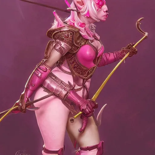 Image similar to cute pink tiefling demon bard performer, leather armor, rapier, pink skin, cute horns, violin, intricate, elegant, highly detailed, digital painting, artstation, concept art, smooth, sharp focus, illustration, art by artgerm and greg rutkowski and alphonse mucha