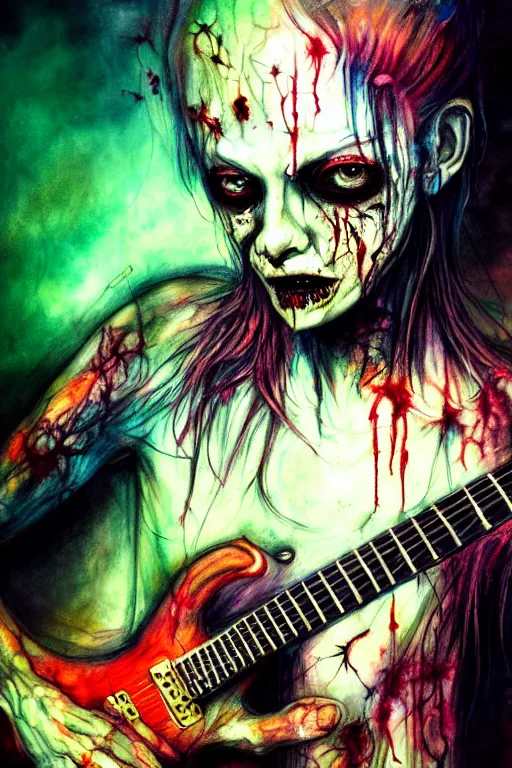 Image similar to zombie punk rocker playing guitar by agnes cecile, brian froud, intricated details, 3 / 4 view, full body portrait, extremely luminous bright design, horror, pastel colours, toxic drips, autumn lights