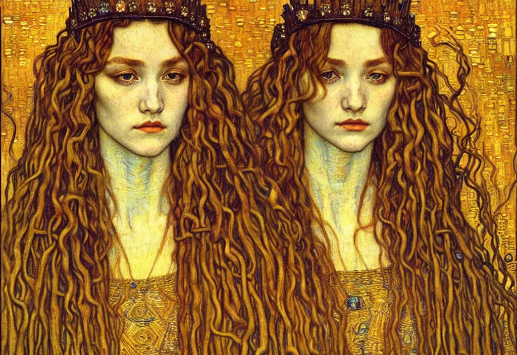 Image similar to detailed realistic beautiful young medieval queen face portrait by jean delville, gustav klimt and vincent van gogh, art nouveau, symbolist, visionary, gothic, pre - raphaelite, muted earthy colors, desaturated