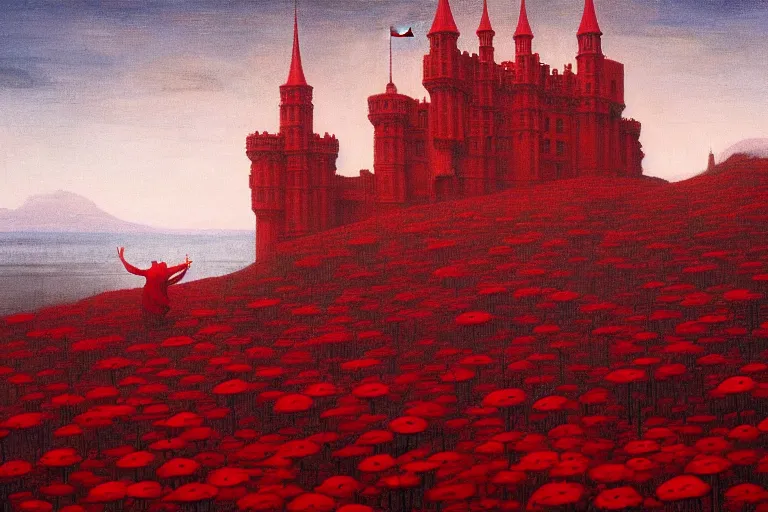 Prompt: only with red, red flowers of different types, red castle in background, red medieval big goblins, in the style of beksinski, parts by edward hopper, parts by rodcenko, parts by yue minjun, intricate and epic composition, red by caravaggio, insanely quality, highly detailed, masterpiece, red light, artstation, 4 k