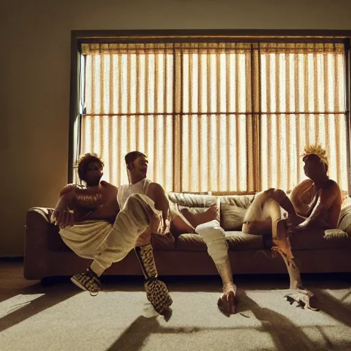 Image similar to gang members chilling around dirty couch in a beige room thick atmospheric dust sun barely shines through the blinds jonathan zawada style photography