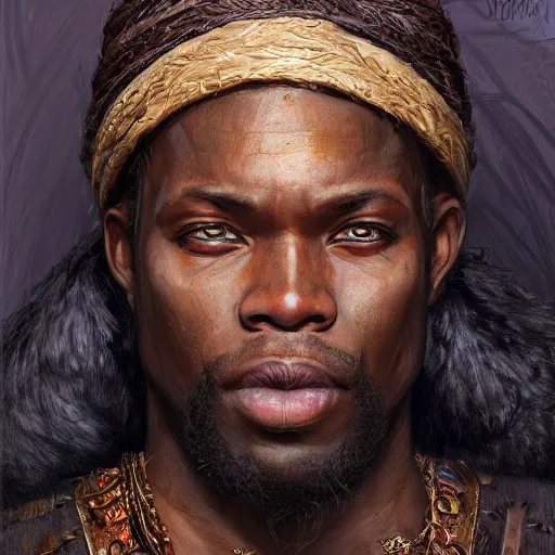 Image similar to the african merchant as a realistic fantasy d & d character, closeup portrait art by donato giancola and greg rutkowski, realistic face, digital art, trending on artstation