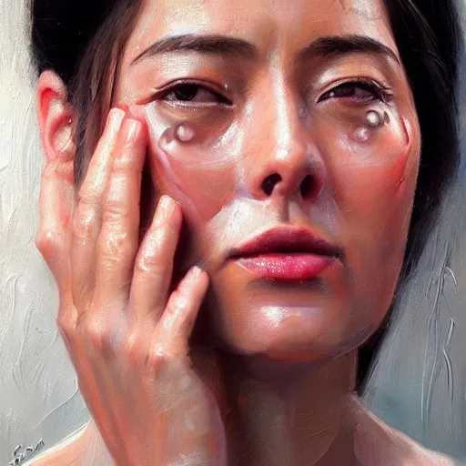 Prompt: perfect, realistic oil painting of close-up Spanish woman face, tears, sadness , by Sakimichan, by an American professional senior artist, Hollywood concept, dynamic composition and motion, postproduction.