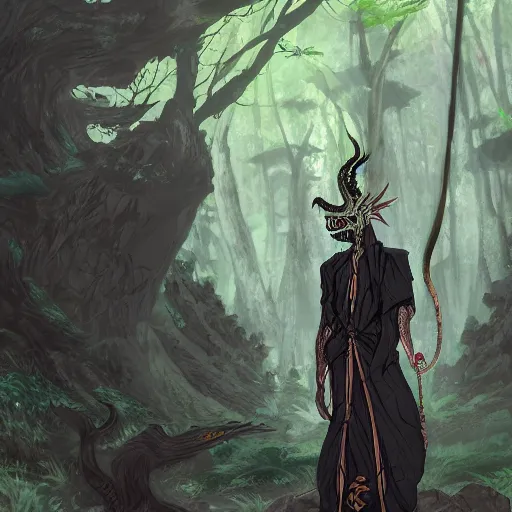 Image similar to concept art painting of an anthropomorphic dragon king with black robes, a long neck, and skull mask, in a deep forest, cel shaded, in the style of makoto shinkai and james gurney and studio ghibli and moebius