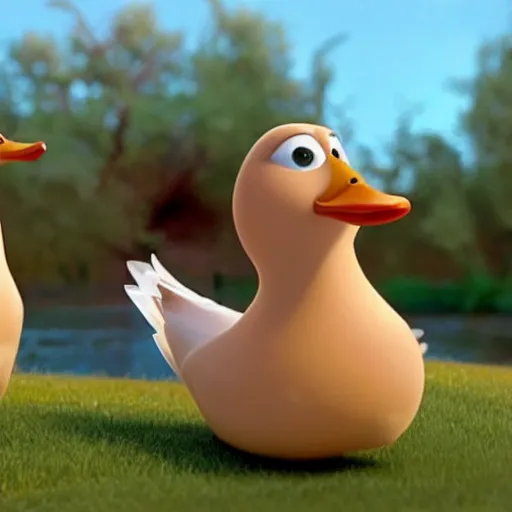 Image similar to Cute little duck family, still from a pixar!! movie