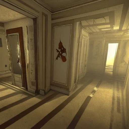 Prompt: a still of the shining, 2 0 1 1 portal 2 graphics visuals aesthetic