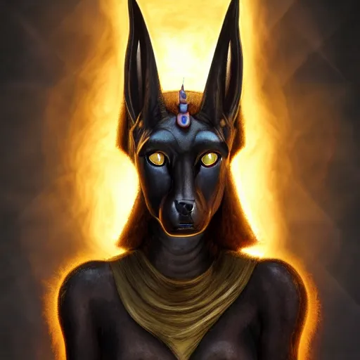 Image similar to A portrait of a female Anubis, she is glaring at the viewer and there is fire behind him, beautiful digital art trending on artstation, 4k, greg rutowski, extremely detailed, vivid three point lighting, backlit fur