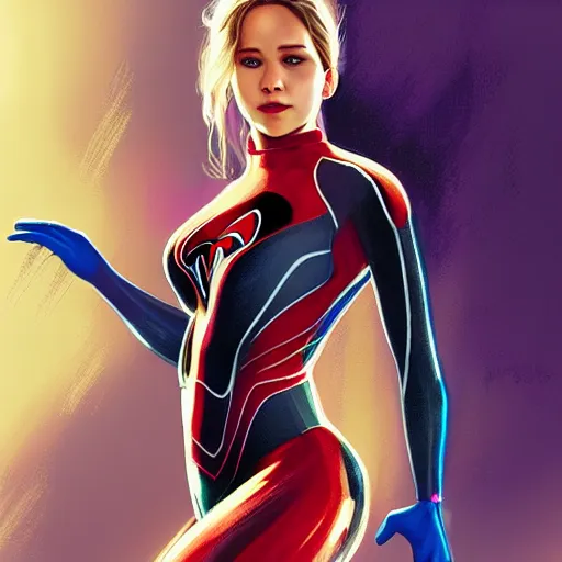 Prompt: Jennifer Lawrence as spiderwoman, intricate, highly detailed, digital painting, artstation, concept art, smooth, sharp focus, illustration, Unreal Engine 5, 8K, artgerm, rutkowski, mucha