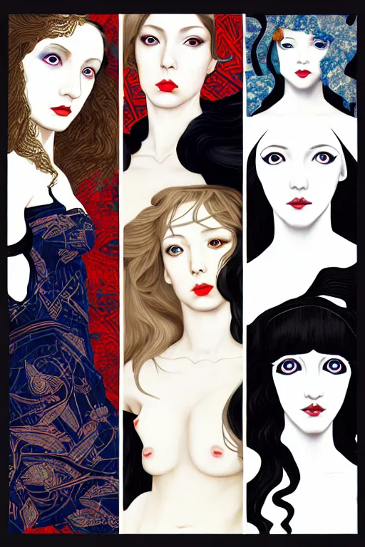 Image similar to triad of muses, representing the 3 winter!!! months of december, january and february, style mix of æon flux, shepard fairey, botticelli, john singer sargent, pre - raphaelites, shoujo manga, harajuku fashion, stark landscape, muted dark colors, superfine inklines, ethereal, 4 k photorealistic, arnold render