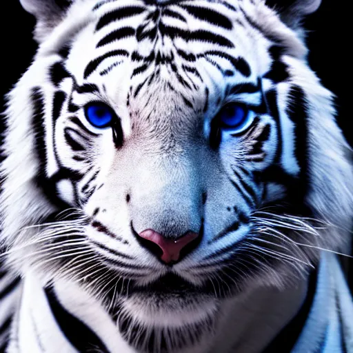 Prompt: photograph of a white tiger with piercing blue eyes, dramatic lighting, dramatic lighting, beautiful, epic, glorious, extreme detail, 4k, award-winning