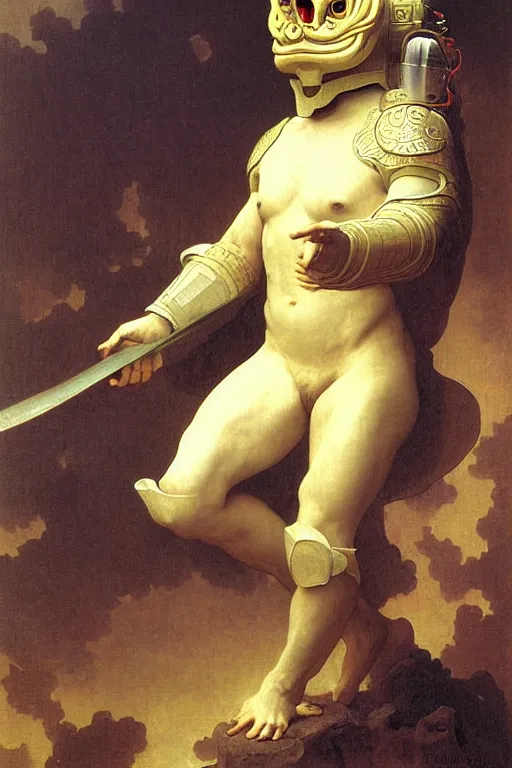 Prompt: a astronaut his face is chinese dragon head, in armor and chinese dragon helmet, by bouguereau