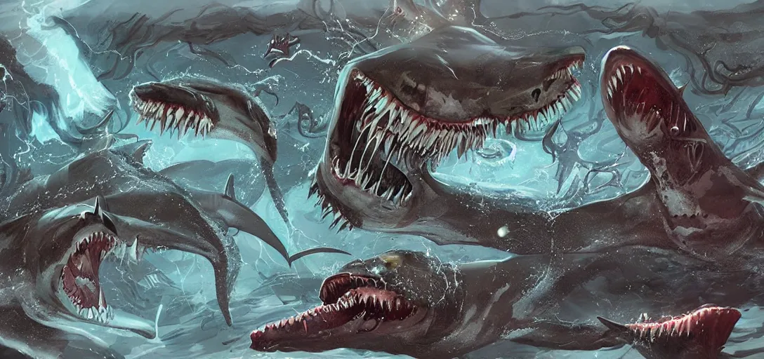 Image similar to concept art of shark attack, lovecraftian, lots of teeth, melting horror, fighting the horrors of the unknown with laser guns