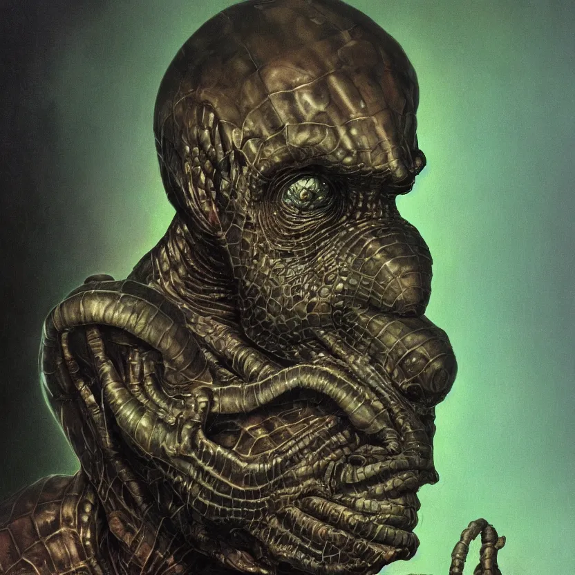 Prompt: a neoclassicist close - up portrait of a reptile entity man with surrealist features. iridescent reflective alien technology. foggy black background. highly detailed science fiction painting by norman rockwell, frank frazetta, syd mead and moebius. rich colors, high contrast, gloomy atmosphere, dark background. trending on artstation.